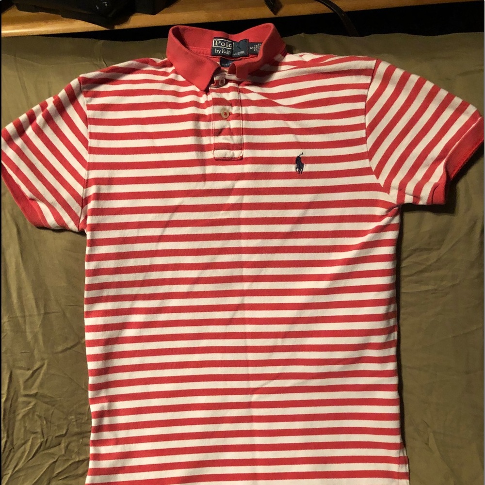 RALPH LAUREN POLO SHIRT .👕CORAL & WHITE STRIPED
